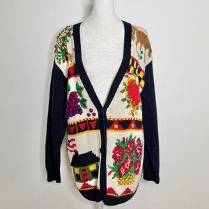 Artistic Vintage Cardigan with Floral and House Details